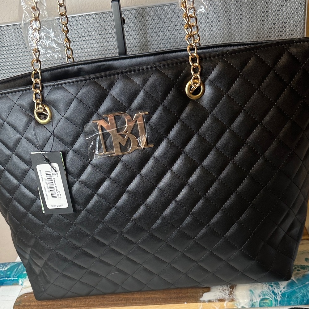 Jewel Badgley Mischka Black Quilted Tote with Gold Chain Handles